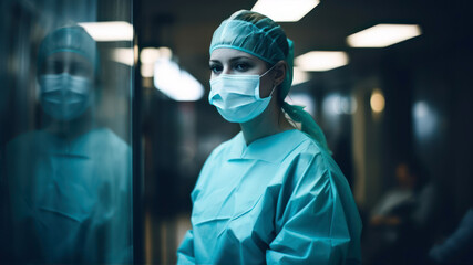 Female surgeon in operating room at hospital. Medical healthcare and doctor staff service.
