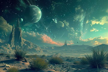 Fototapeta na wymiar surreal landscape on an alien planet. The sky is filled with multiple moons and a nearby nebula