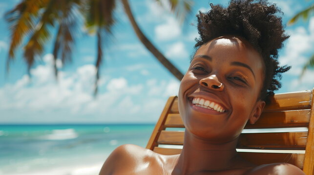 Portrait of happy young black woman relaxing on wooden deck chair at tropical beach while looking at camera. Smiling african american girl enjoying vacation.