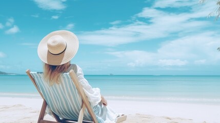 Fototapeta na wymiar Young woman relaxing in deck chair on sandy beach