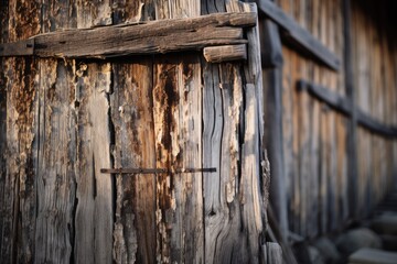 Close up of the  textured detail and weathered beauty of aged wooden planks and iron hardware on an antique granary door