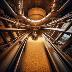 Dynamic view inside a granary, with two people overseeing a sea of golden grains beneath a complex network of machinery - obrazy, fototapety, plakaty