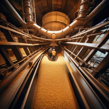 Dynamic view inside a granary, with two people overseeing a sea of golden grains beneath a complex network of machinery