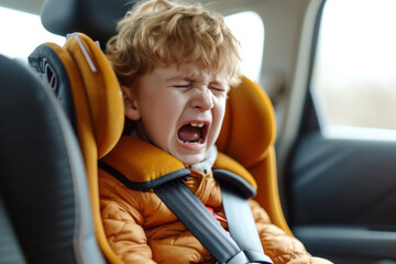 child refusing to get into his car seat. He is crying and struggling, expressing his dislike for the confinement of the car seat