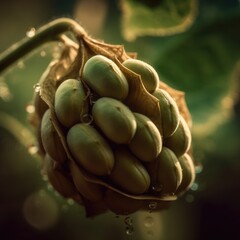Glistening with morning dew, this close up of a soybean pod reveals nature's intricate patterns and life's delicate balance