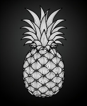 coloring book page, a pineapple, minimalistic flat line art, black background, shaun of the dead style сreated with Generative Ai