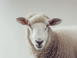 Fototapeta premium A peaceful sheep with a soft woolly coat on plain grey background.