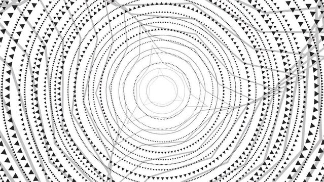 Animated Black and White Pattern with Circles. Spiral Round Tunnel. Geometric Abstract Rotating Texture in Perspective. Loop Seamless Stock Footage. 3D Graphic