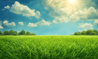 Fototapeta na wymiar Wide lawn trimmed with precision under a blue sunny sky