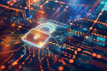 Digital Fortress Cybersecurity Concept with Glowing Lock on Circuit Board