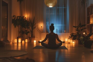 Serene Meditation Space with Woman Practicing Yoga by Candlelight