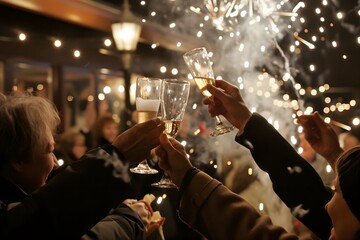 Joyous Champagne Toast with Sparklers at an Evening Celebration Event