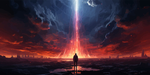 futuristic man standing and looking at the sky with a strange beam of light., digital art style, illustration painting