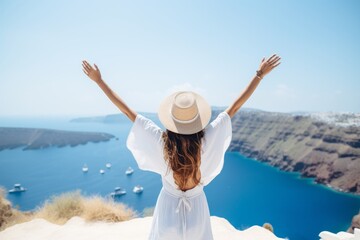 Joyful female tourist embracing freedom in santorini, wearing white dress and hat