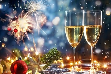 Celebratory Toast with Champagne Glasses Against Festive Fireworks and Holiday Lights