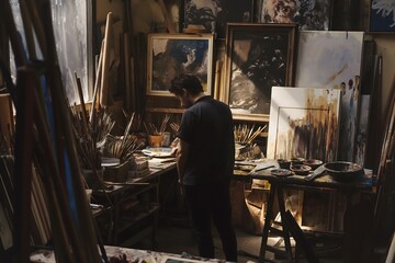 Painter in His Studio Engaged in the Artistic Process Surrounded by Canvases and Brushes