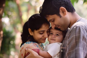 Tender Family Embrace with Young Parents and Child Sharing a Moment of Love