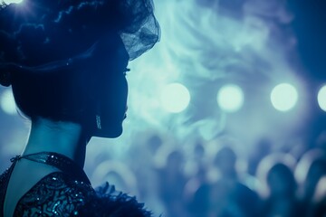 Ethereal Silhouette of a Woman at a Masquerade Ball with Mysterious Blue Lighting