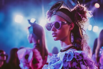 Vibrant Club Scene with Fashionable Young Woman Enjoying Retro-Themed Party