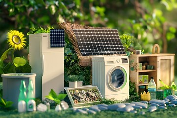 Eco-Friendly Home Concept with Solar Panels, Energy-Efficient Appliances, and Recycling Bins