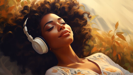 Beautiful african american woman listening to music with headphones.