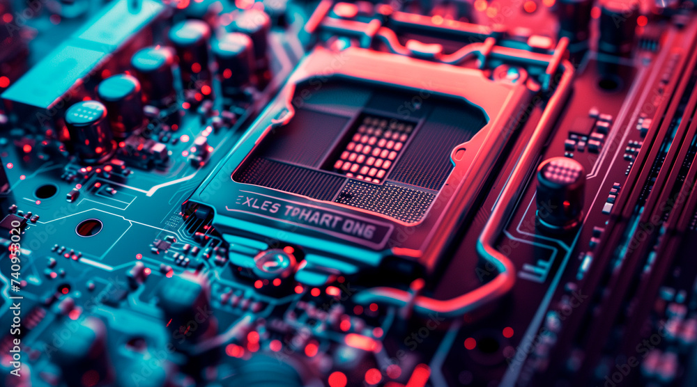 Poster secure connection or cybersecurity service concept of compute motherboard closeup and lock with logi
