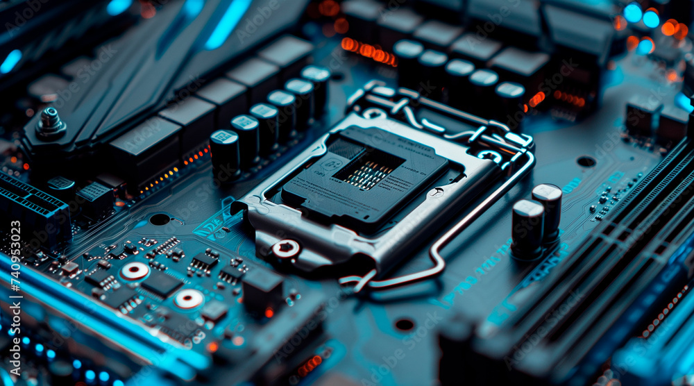 Poster secure connection or cybersecurity service concept of compute motherboard closeup and lock with logi
