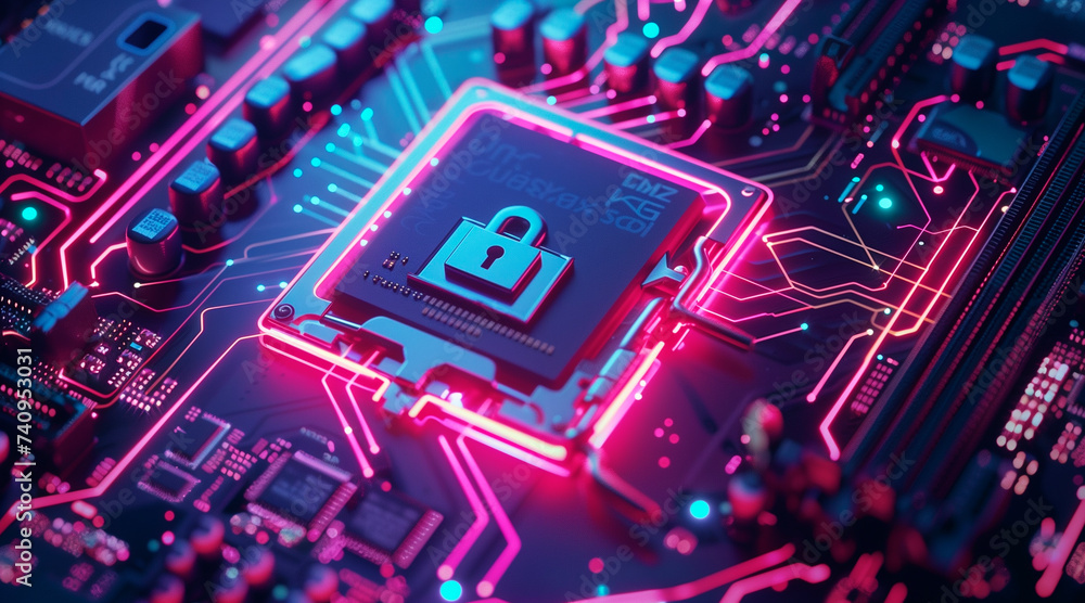 Poster secure connection or cybersecurity service concept of compute motherboard closeup and lock with logi