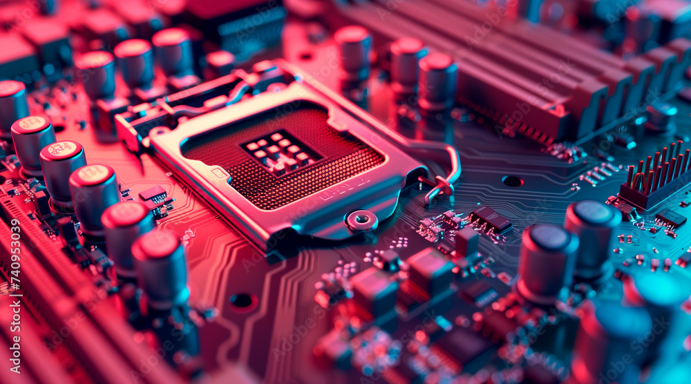 Poster secure connection or cybersecurity service concept of compute motherboard closeup and lock with logi