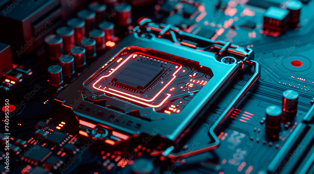 Poster secure connection or cybersecurity service concept of compute motherboard closeup and lock with logi