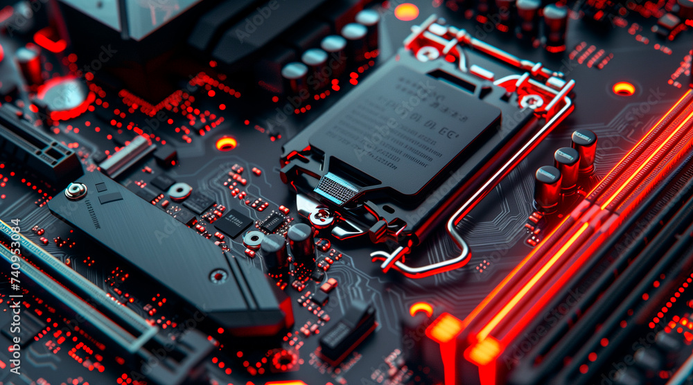 Poster secure connection or cybersecurity service concept of compute motherboard closeup and lock with logi