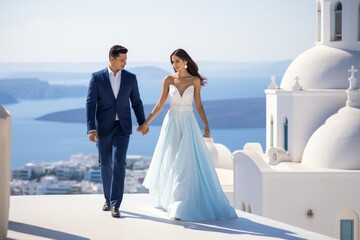 Young couple bride and groom admiring santorini streets with beautiful architecture and ocean views
