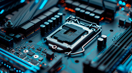 secure connection or cybersecurity service concept of compute motherboard closeup and lock with login and connecting verified credentials as wide banner design with copyspace area