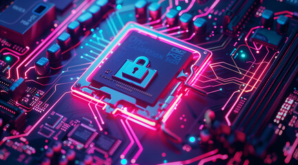 secure connection or cybersecurity service concept of compute motherboard closeup and lock with login and connecting verified credentials as wide banner design with copyspace area - obrazy, fototapety, plakaty