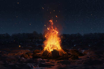 big bonfire with sparks and particles in front of forest and starry sky. 3D Rendering