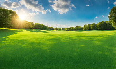 Wide lawn trimmed with precision under a blue sunny sky