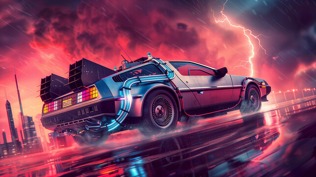 Futuristic Modified Car Speeding Through a Neon-Lit Cityscape at Dusk Amidst Lightning. A car, designed with futuristic modifications, races across a slick city street under a dramatic storm. 