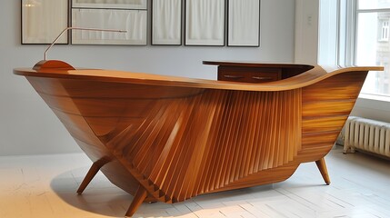 Mid, century modern reception front desk design with teak wood veneer and tapered legs