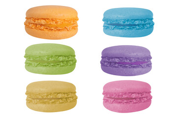 Collection of macarons on an isolated white background.