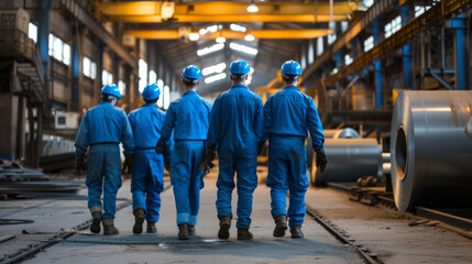 industrial workers in blue uniforms and hard hats walking away in a large industrial facility or factory - obrazy, fototapety, plakaty