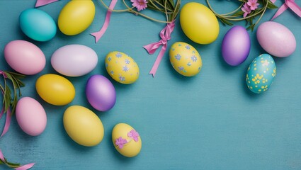 Fototapeta na wymiar Easter Image. Top view in pastel colours.