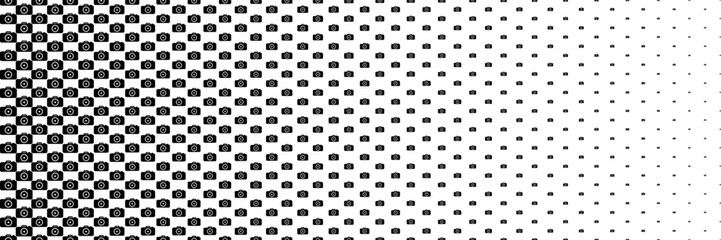 horizontal black halftone of camera icon design on white for pattern and background.