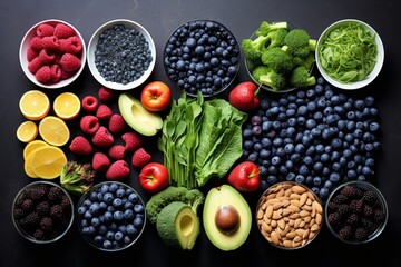 Assorted fruit and vegetable seeds with superfood cereal on gray concrete background