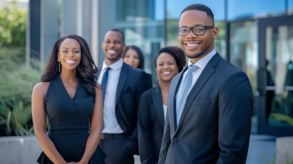 Obraz premium group of professional individuals, likely a business team, standing together and smiling at the camera.