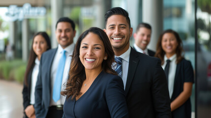group of professional individuals, likely a business team, standing together and smiling at the camera. - obrazy, fototapety, plakaty