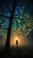 Woman silhouette next to a tree illuminated by fantasy light