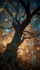 Colorful fantasy tree in the forest with luminous night sky background  (vertical)