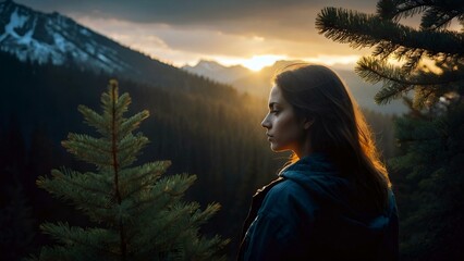 Woman in the mountain forest at dawn / sunrise