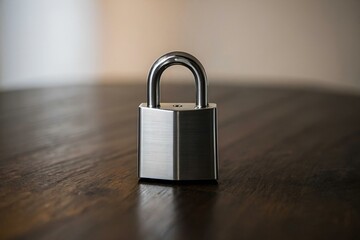 Metal lock on a wooden table, security concept