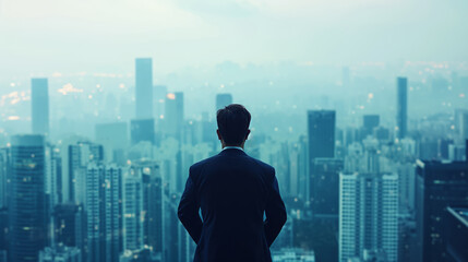 Man in suit overlooks a hazy city skyline from a high vantage point, with the outlines of buildings barely visible through the misty atmosphere - obrazy, fototapety, plakaty